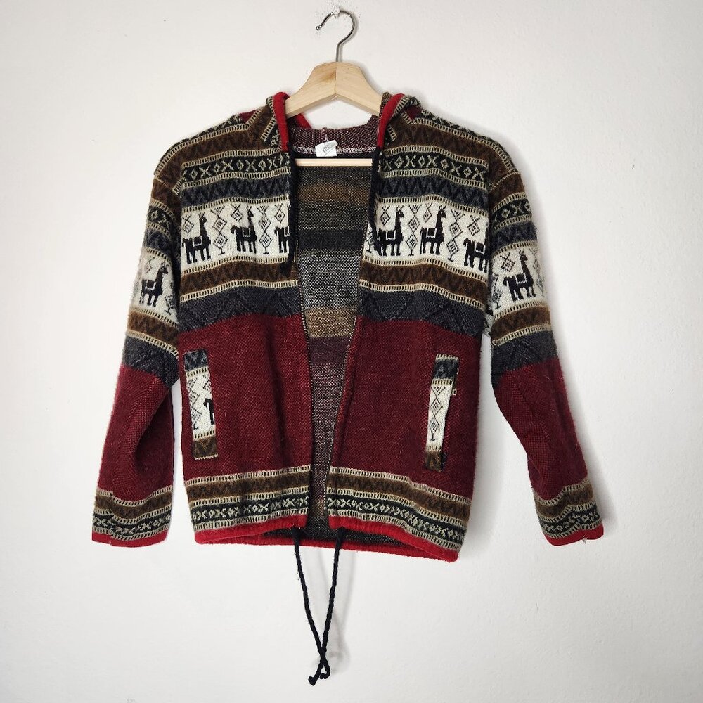 Los Andes Boys Size 10 Alpaca Red Gray Hoodie Jacket (FLAWS)